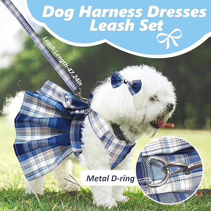pet products Dog Dress Bowknot Harness Leash Set for Small Dogs Girl Cute Plaid Dog Dress Pearls Bow Tie Spring Summer Princess Clothes Birthday Holiday Doggie Outfits for Puppy Cats Girl Apparel - Image 8